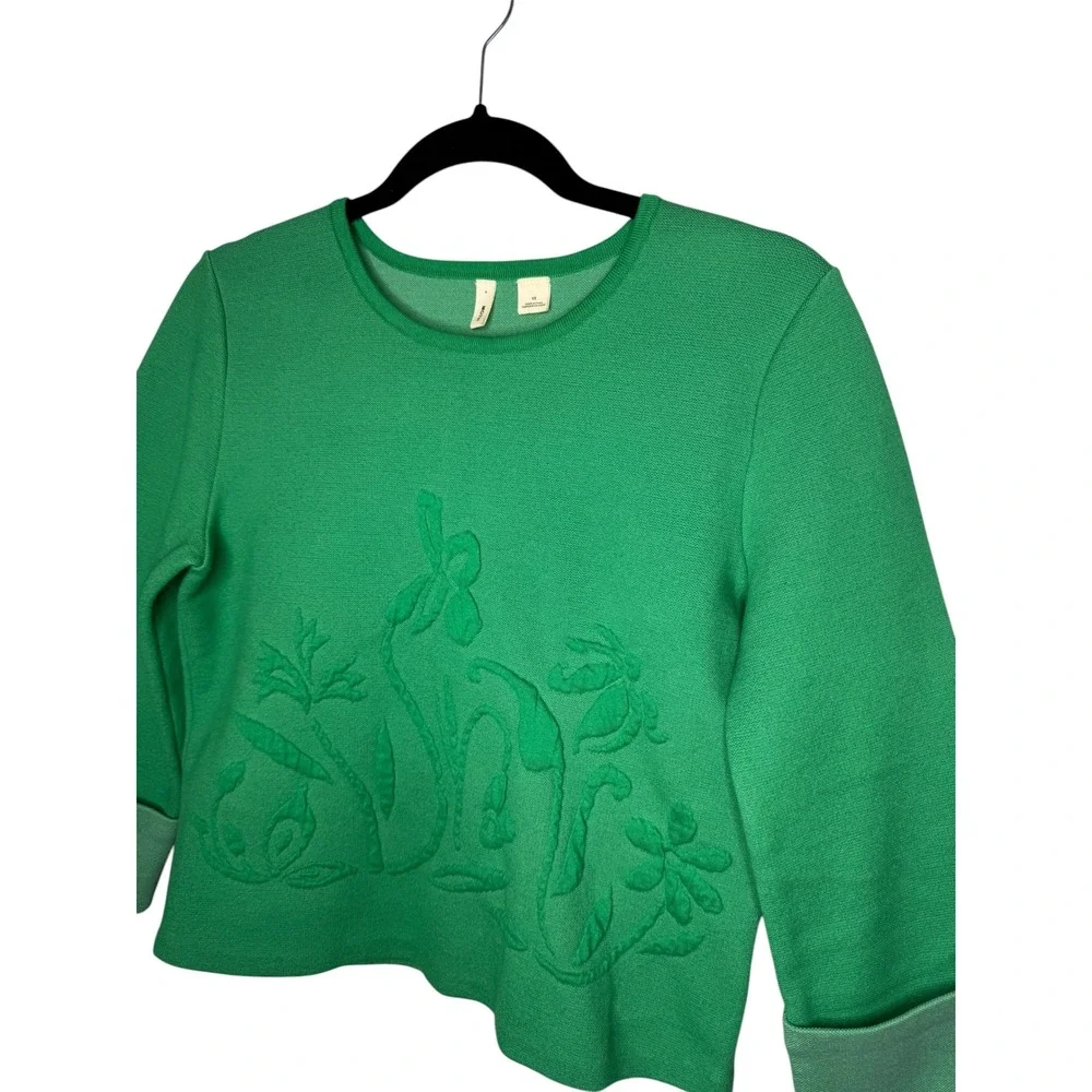 Moth Anthropologie Green Floral 3D Embroidery Knit Sweater XS 3/4‎ Sleeve